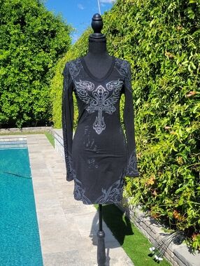 Edgy Black Long-Sleeve Rhinestone Cross Angel Wings V-Neck Dress